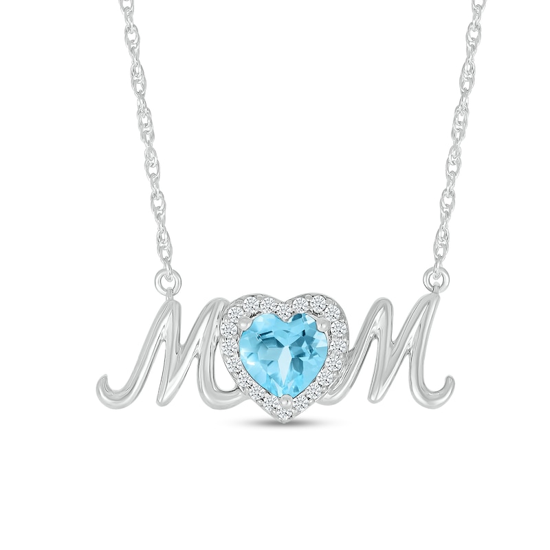 6.0mm Heart-Shaped Swiss Blue Topaz and White Lab-Created Sapphire "MOM" Necklace in Sterling Silver|Peoples Jewellers