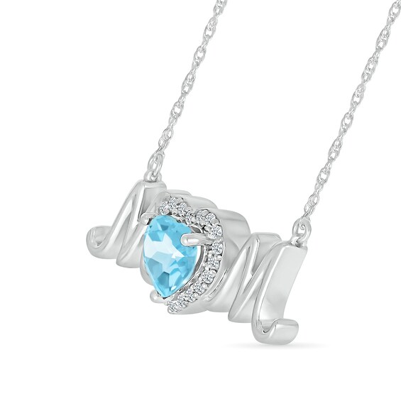 6.0mm Heart-Shaped Swiss Blue Topaz and White Lab-Created Sapphire "MOM" Necklace in Sterling Silver