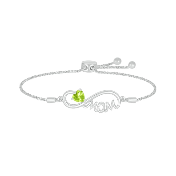 5.0mm Heart-Shaped Peridot "MOM" Infinity Bolo Bracelet in Sterling Silver - 9"