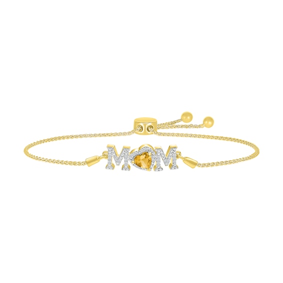 5.0mm Heart-Shaped Citrine and White Lab-Created Sapphire "MOM" Bolo Bracelet in 10K Gold - 9"