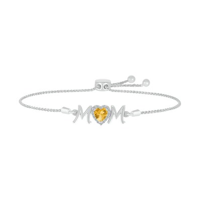 6.0mm Heart-Shaped Citrine and White Lab-Created Sapphire "MOM" Bolo Bracelet in Sterling Silver - 9"