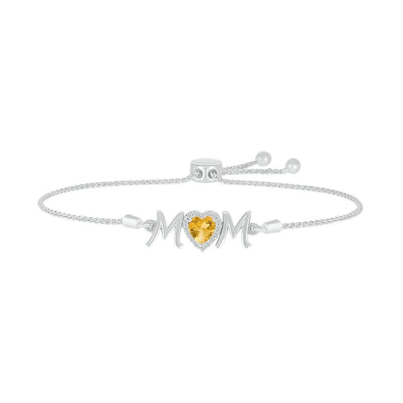 6.0mm Heart-Shaped Citrine and White Lab-Created Sapphire "MOM" Bolo Bracelet in Sterling Silver - 9"|Peoples Jewellers