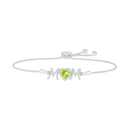 6.0mm Heart-Shaped Peridot and White Lab-Created Sapphire &quot;MOM&quot; Bolo Bracelet in Sterling Silver - 9&quot;