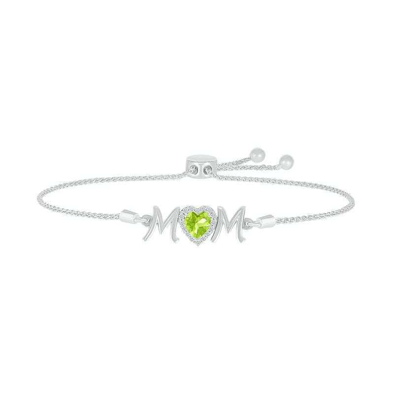 6.0mm Heart-Shaped Peridot and White Lab-Created Sapphire "MOM" Bolo Bracelet in Sterling Silver - 9"|Peoples Jewellers