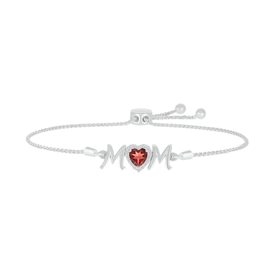 6.0mm Heart-Shaped Garnet and White Lab-Created Sapphire "MOM" Bolo Bracelet in Sterling Silver - 9"