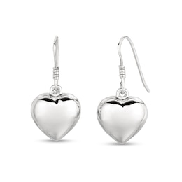 Polished Puff Heart Drop Earrings in Sterling Silver
