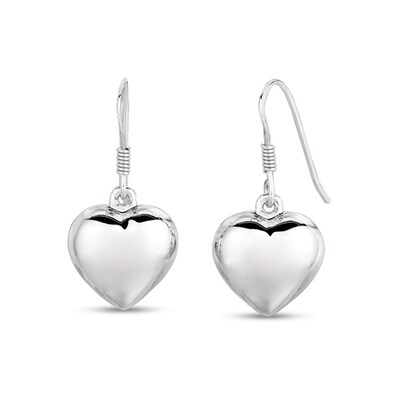 Polished Puff Heart Drop Earrings in Sterling Silver