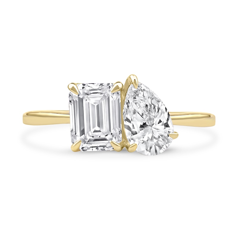 1.75 CT. T.W. Emerald-Cut and Pear-Shaped Certified Lab-Created Diamond Toi et Moi Engagement Ring in 14K Gold (F/VS2)