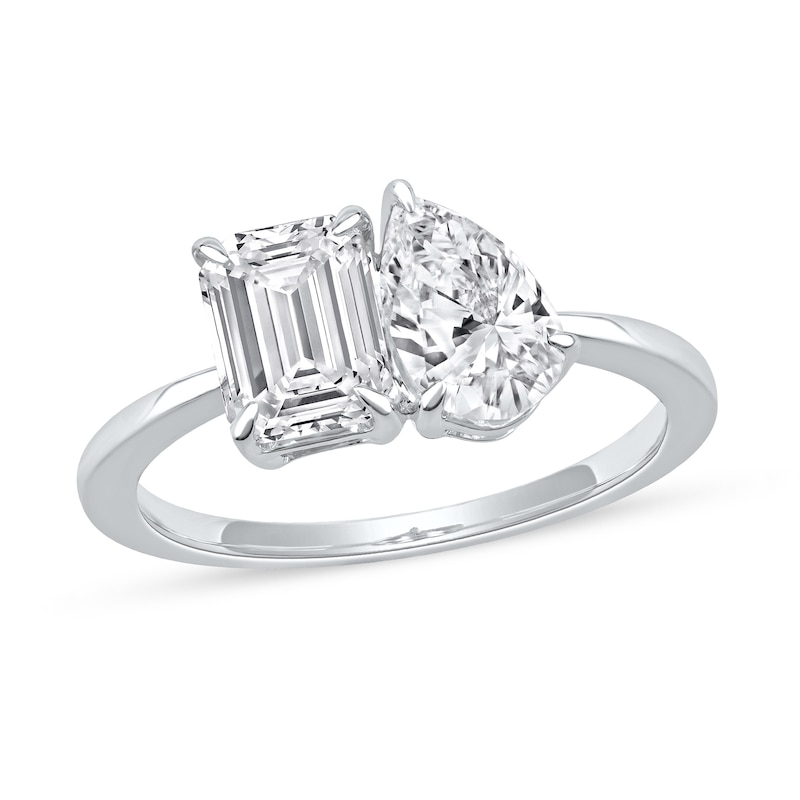 1.75 CT. T.W. Emerald-Cut and Pear-Shaped Certified Lab-Created Diamond Toi et Moi Engagement Ring in 14K White Gold