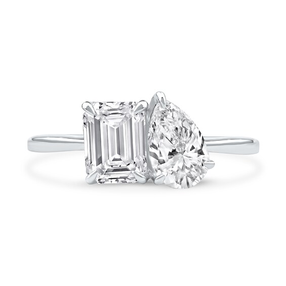 1.75 CT. T.W. Emerald-Cut and Pear-Shaped Certified Lab-Created Diamond Toi et Moi Engagement Ring in 14K White Gold