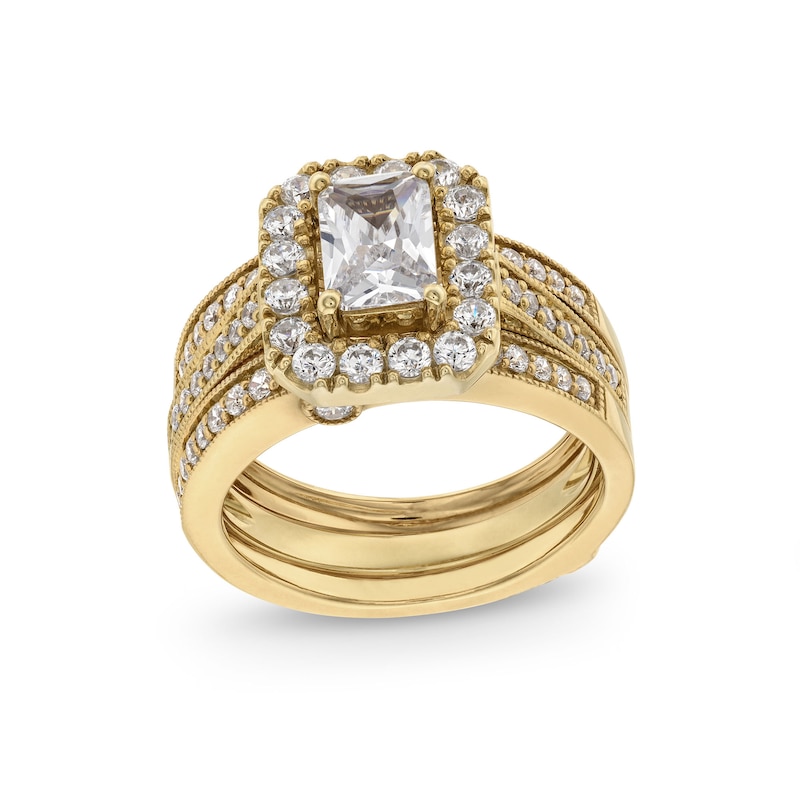 2.00 CT. T.W. Emerald-Cut Certified Lab-Created Diamond Frame Vintage-Style Bridal Set in 14K Gold (F/VS2)