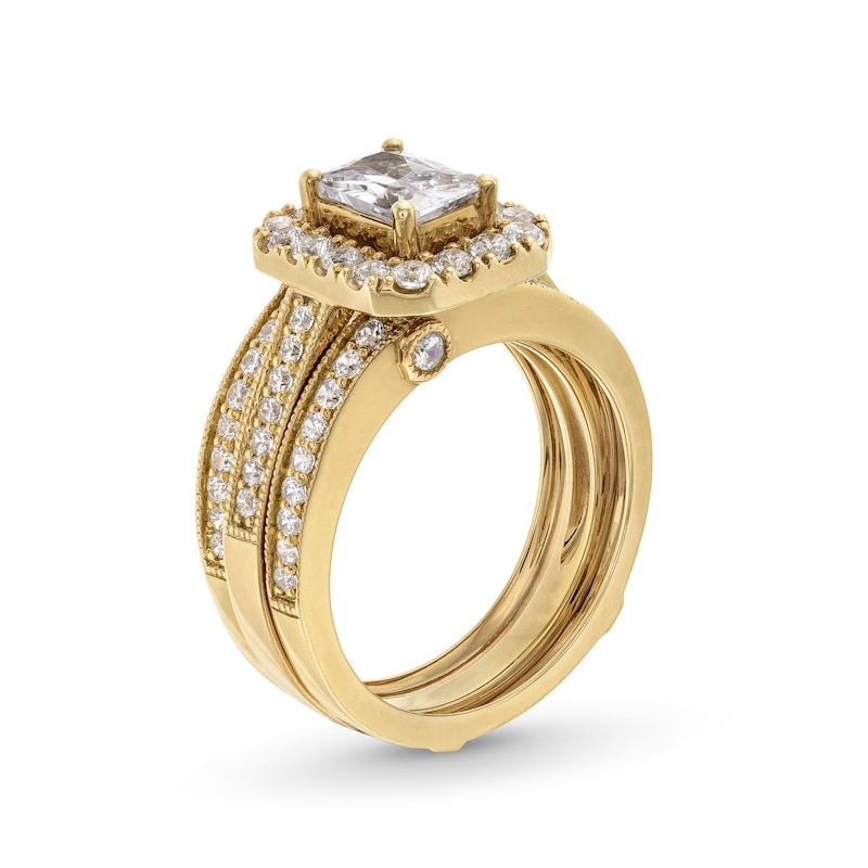 2.00 CT. T.W. Emerald-Cut Certified Lab-Created Diamond Frame Vintage-Style Bridal Set in 14K Gold (F/VS2)