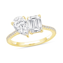 2.15 CT. T.W. Emerald-Cut and Pear-Shaped Certified Lab-Created Diamond Toi et Moi Engagement Ring in 14K Gold (F/VS2)