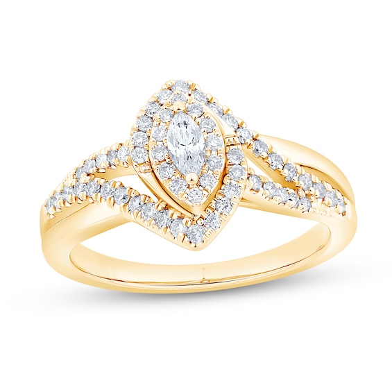 0.45 CT. T.W. Marquise Diamond Frame Bypass Split Shank Engagement Ring in 14K Gold