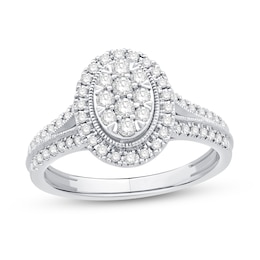 0.45 CT. T.W. Oval-Shaped Multi-Diamond Frame Split Shank Vintage-Style Engagement Ring in 10K White Gold