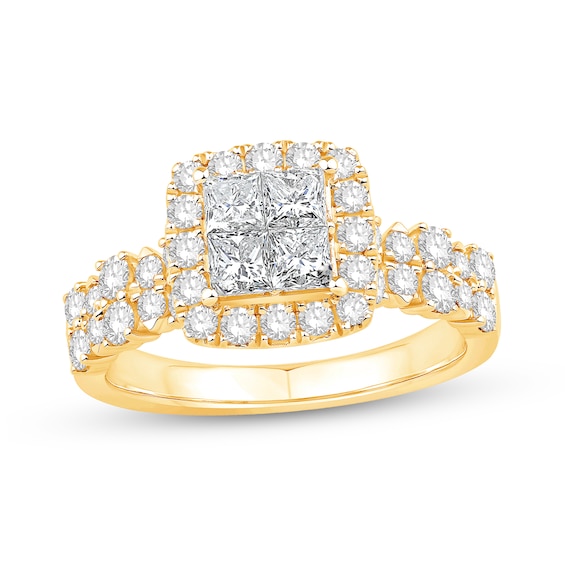 1.45 CT. T.W. Quad Princess-Cut Diamond Cushion Frame Double Row Engagement Ring in 14K Gold