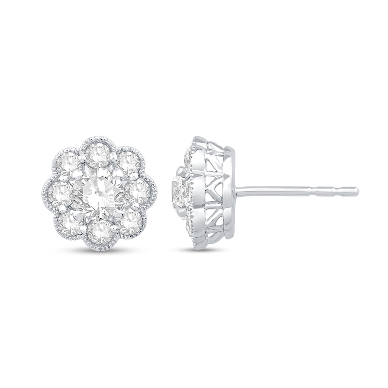 Main Image 1 of 0.95 CT. T.W. Diamond Scallop Edge Vintage-Style Flower Stud Earrings in 10K White Gold