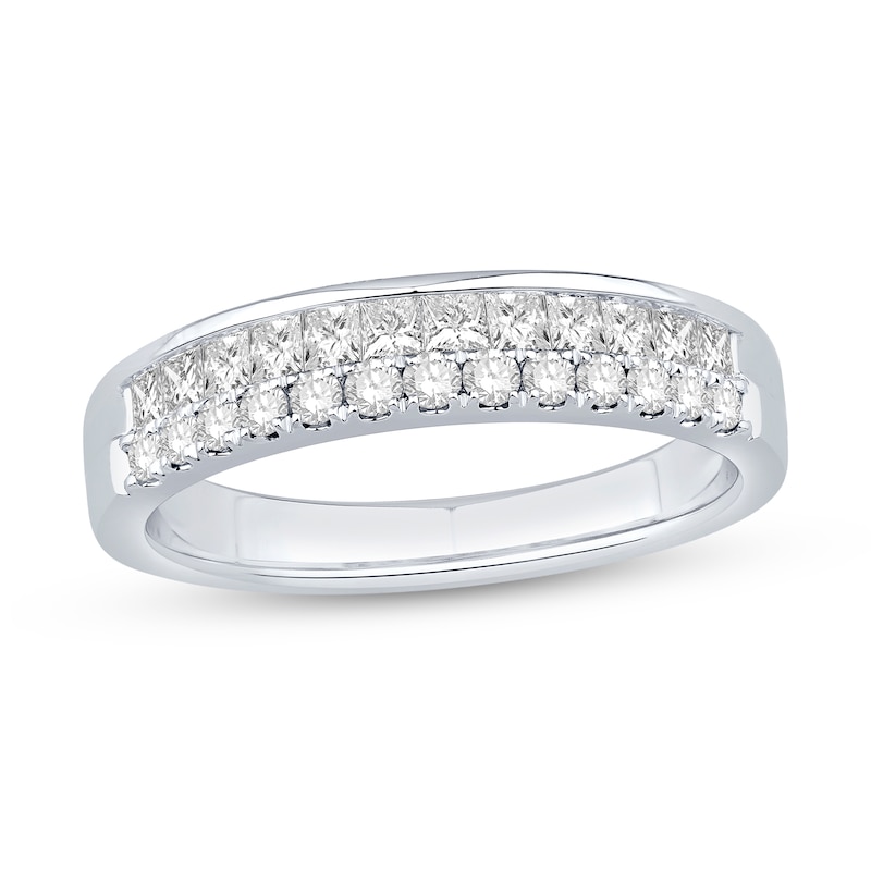 Main Image 1 of 0.58 CT. T.W. Princess-Cut and Round Diamond Double Row Band in 14K White Gold