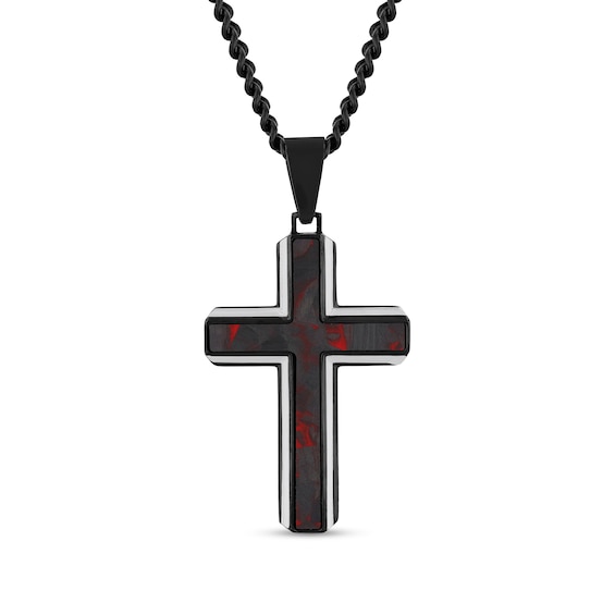 Black and Red Carbon Fibre Cross Pendant in Stainless Steel with Black Ion Plate - 24”