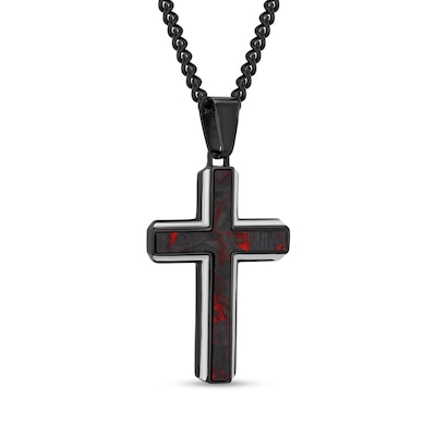 Black and Red Carbon Fibre Cross Pendant in Stainless Steel with Black Ion Plate - 24”