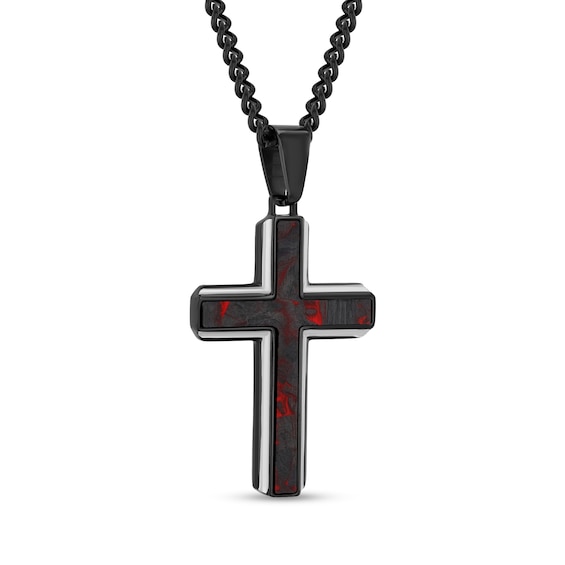 Black and Red Carbon Fibre Cross Pendant in Stainless Steel with Black Ion Plate - 24”