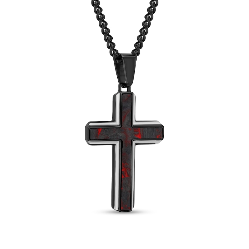 Black and Red Carbon Fibre Cross Pendant in Stainless Steel with Black Ion Plate - 24”