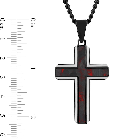 Black and Red Carbon Fibre Cross Pendant in Stainless Steel with Black Ion Plate - 24”