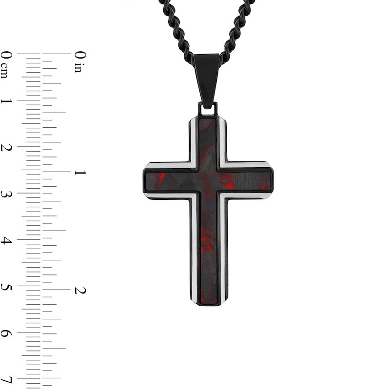 Black and Red Carbon Fibre Cross Pendant in Stainless Steel with Black Ion Plate - 24”