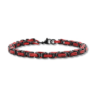 5.0mm Byzantine Link Chain Bracelet in Solid Stainless Steel with Black and Red Ion Plate - 8.75”