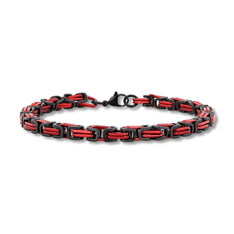 5.0mm Byzantine Link Chain Bracelet in Solid Stainless Steel with Black and Red Ion Plate - 8.75”