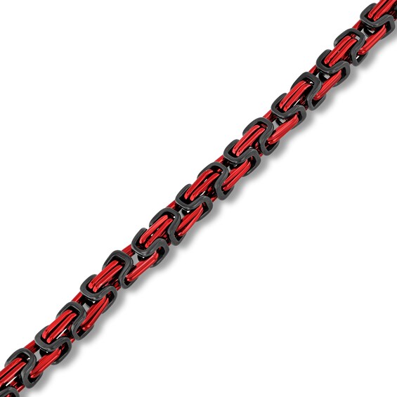 5.0mm Byzantine Link Chain Bracelet in Solid Stainless Steel with Black and Red Ion Plate - 8.75”