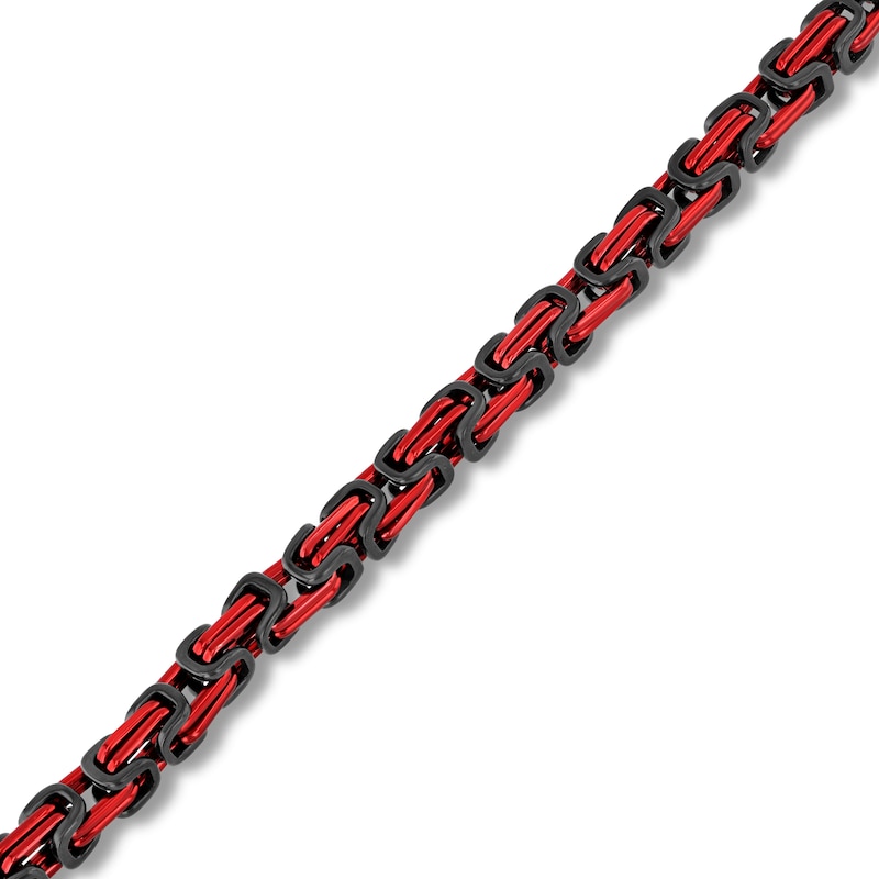 5.0mm Byzantine Link Chain Bracelet in Solid Stainless Steel with Black and Red Ion Plate - 8.75”