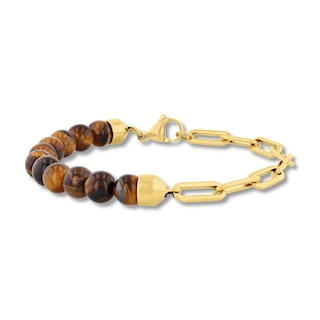 Tiger’s Eye Bead and Paper Clip Chain Half-and-Half Bracelet in Stainless Steel with Yellow Ion Plate - 8.75”