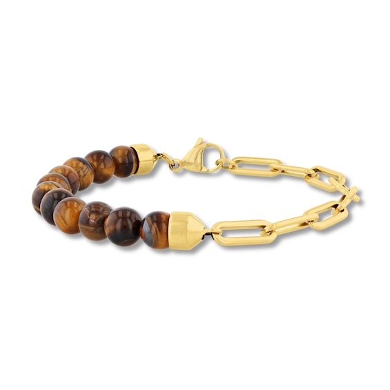 Tiger’s Eye Bead and Paper Clip Chain Half-and-Half Bracelet in Stainless Steel with Yellow Ion Plate - 8.75”