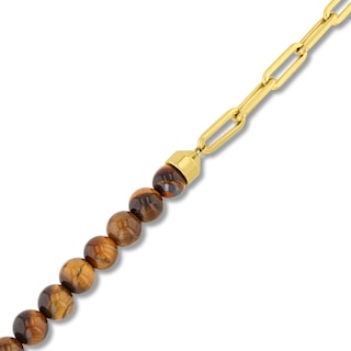 Tiger’s Eye Bead and Paper Clip Chain Half-and-Half Bracelet in Stainless Steel with Yellow Ion Plate - 8.75”