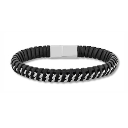 Black Leather Woven Curb Link Bracelet in Solid Stainless Steel - 8.5”