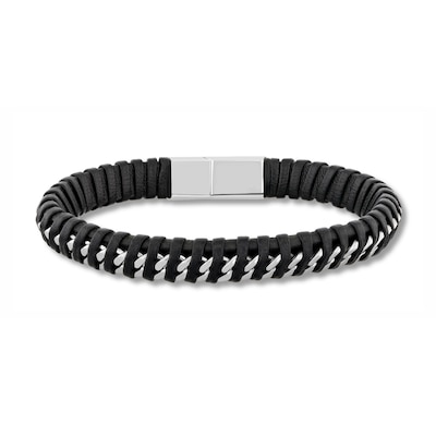 Black Leather Woven Curb Link Bracelet in Solid Stainless Steel - 8.5”