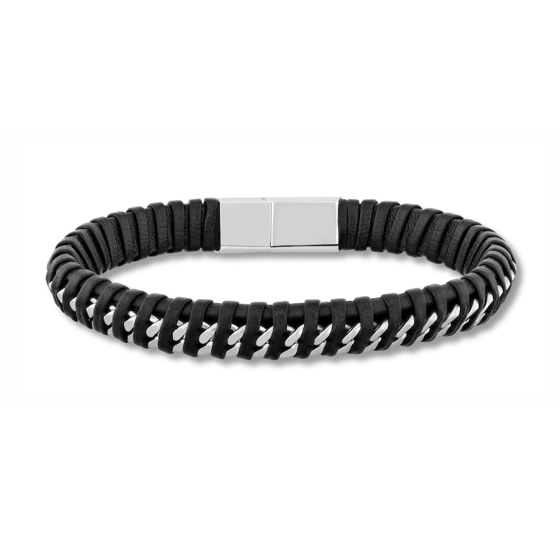 Black Leather Woven Curb Link Bracelet in Solid Stainless Steel - 8.5”