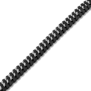 Black Leather Woven Curb Link Bracelet in Solid Stainless Steel - 8.5”