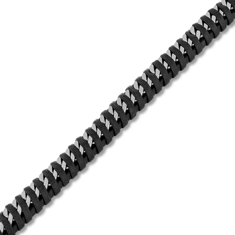 Main Image 2 of Black Leather Woven Curb Link Bracelet in Solid Stainless Steel - 8.5”