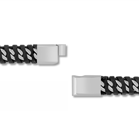 Black Leather Woven Curb Link Bracelet in Solid Stainless Steel - 8.5”