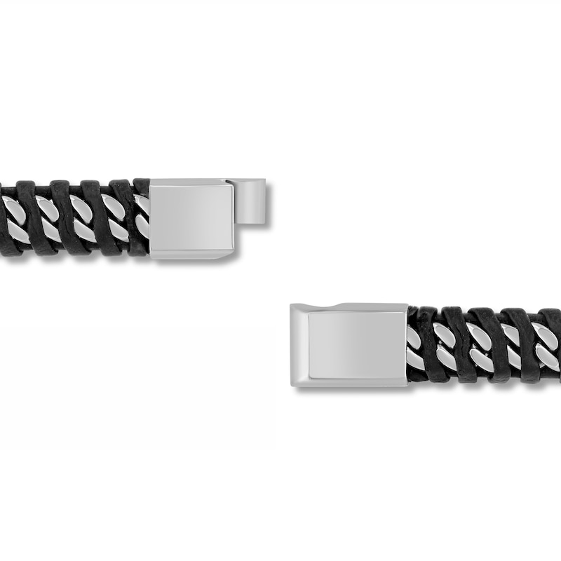 Black Leather Woven Curb Link Bracelet in Solid Stainless Steel - 8.5”