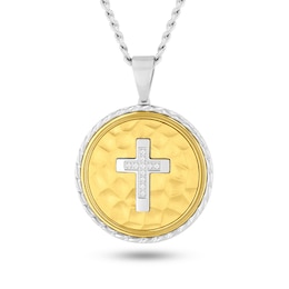 0.05 CT. T.W. Diamond Oval Frame Cross Pendant in Stainless Steel and Yellow Ion Plate - 24”