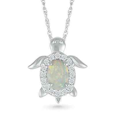 Oval Lab-Created Opal and White Lab-Created Sapphire Turtle Pendant in Sterling Silver