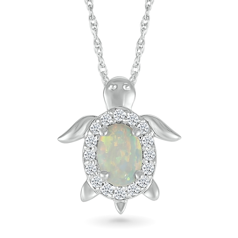 Oval Lab-Created Opal and White Lab-Created Sapphire Turtle Pendant in Sterling Silver