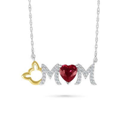 6.0mm Heart-Shaped Lab-Created Ruby and White Lab-Created Sapphire Cat "MOM" Necklace in Sterling Silver and 10K Gold