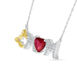 6.0mm Heart-Shaped Lab-Created Ruby and White Lab-Created Sapphire Cat "MOM" Necklace in Sterling Silver and 10K Gold