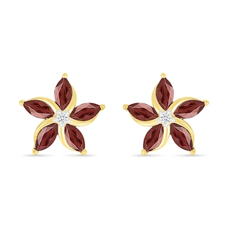 Marquise Garnet and White Lab-Created Sapphire Swirl Flower Stud Earrings in 10K Gold