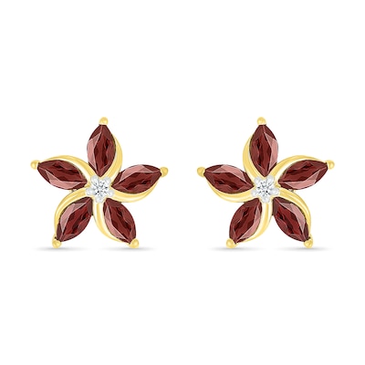 Marquise Garnet and White Lab-Created Sapphire Swirl Flower Stud Earrings in 10K Gold