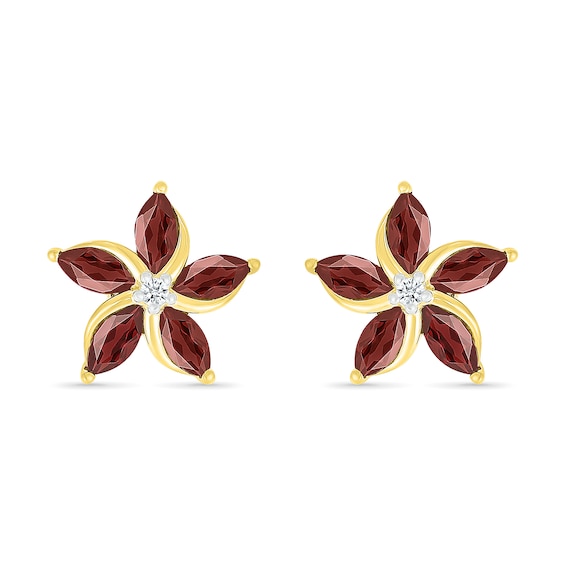 Marquise Garnet and White Lab-Created Sapphire Swirl Flower Stud Earrings in 10K Gold